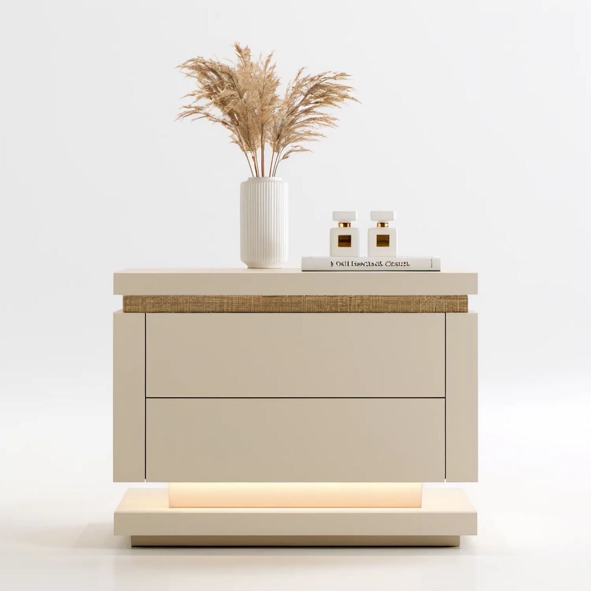 Beżowa szafka nocna z 2 szufladami i oświetleniem LED, MDF i rattan, 90 x 40 x 80 cm